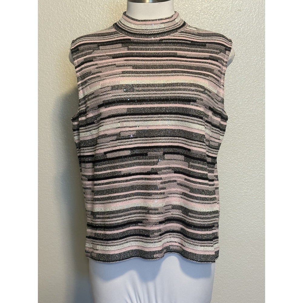 ST. JOHN Sport Striped Knit Tank Sleeveless Top sz.L Pink Black Metallic Sequin